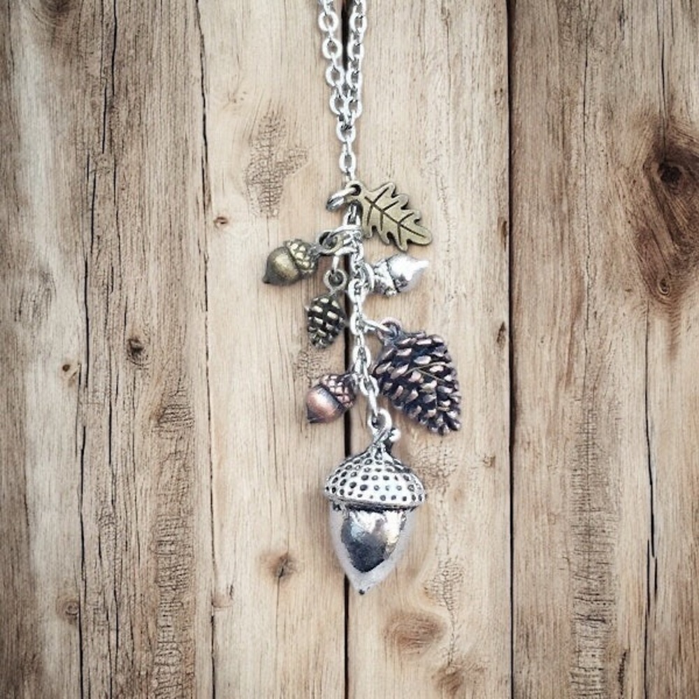 Mixed Metal Long Acorn and Pinecone Charm Necklace - Nature Lovers